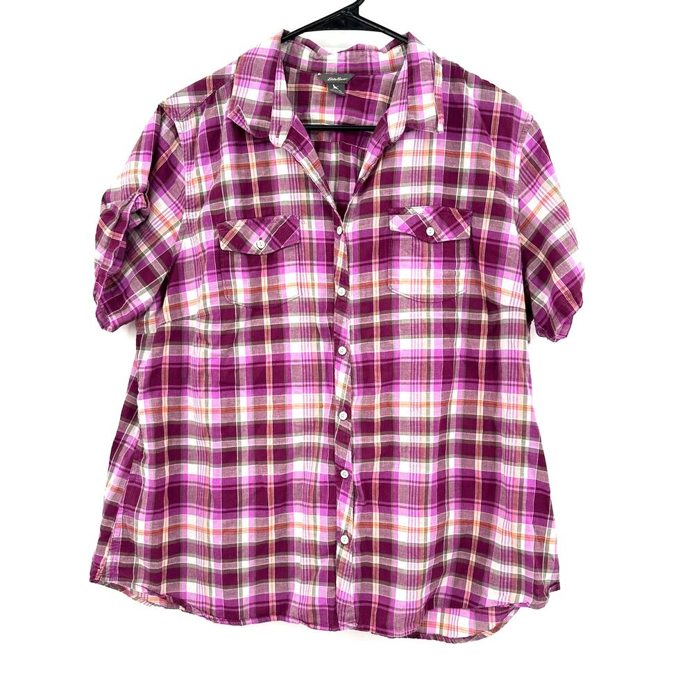 Eddie Bauer Size XL Plaid Short Sleeve Double Pocket Button Up Outdoors Casual